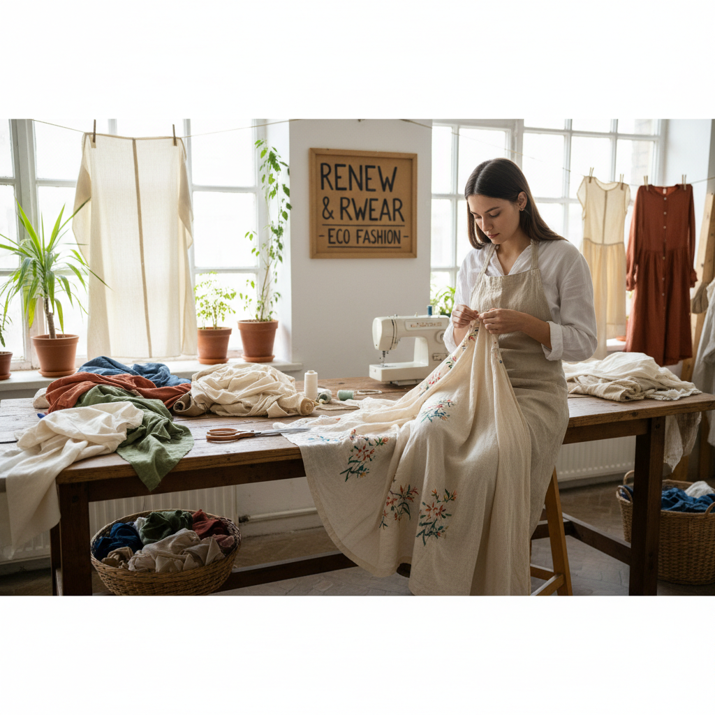 A seamstress sitting on a table in front of a swindow sewing