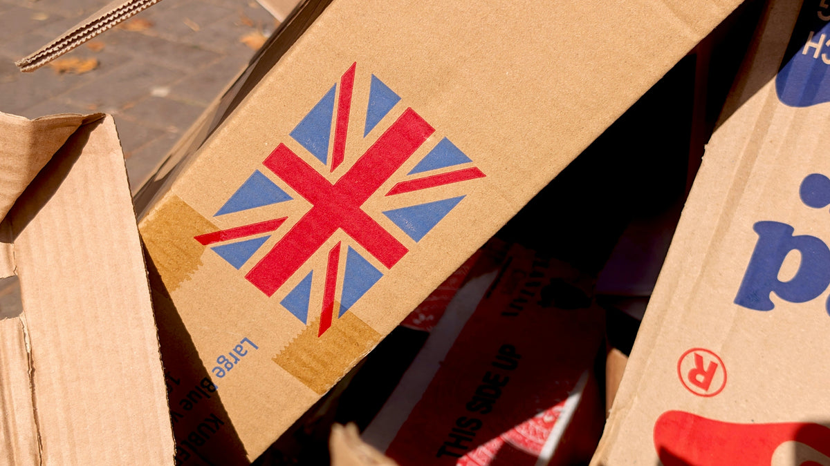 Cardboard boxes with a union jack flag design