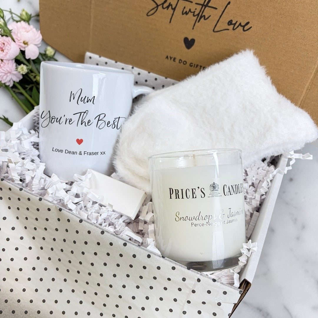 Personalised Mum You're the Best Mug, Candle & Socks Gift Hamper | Birthday Gift