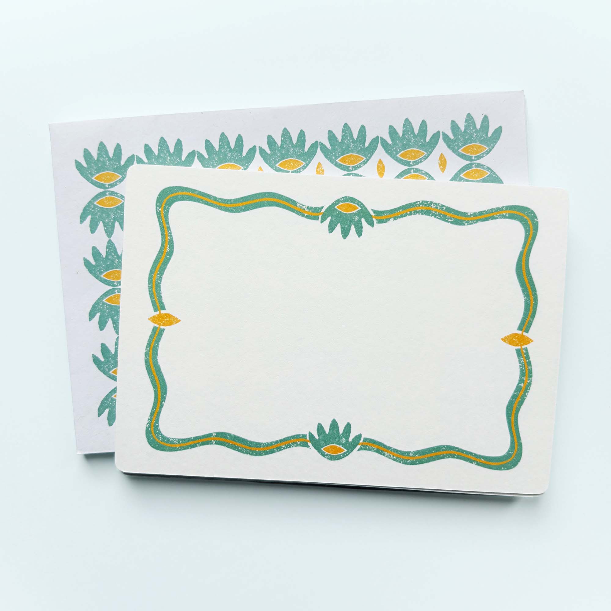 Set of 12 Note Cards And Envelopes - Stamped in Green