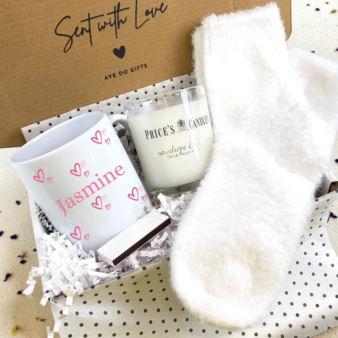 Personalised Pink Name Hearts Mug, Candle & Socks Gift Hamper | Birthday Gift