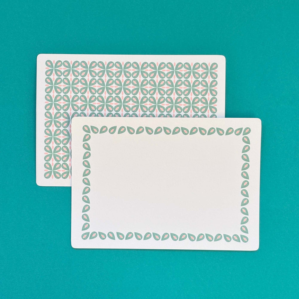 Set of 12 Note Cards with Printed Envelopes - Coco Green & Pink
