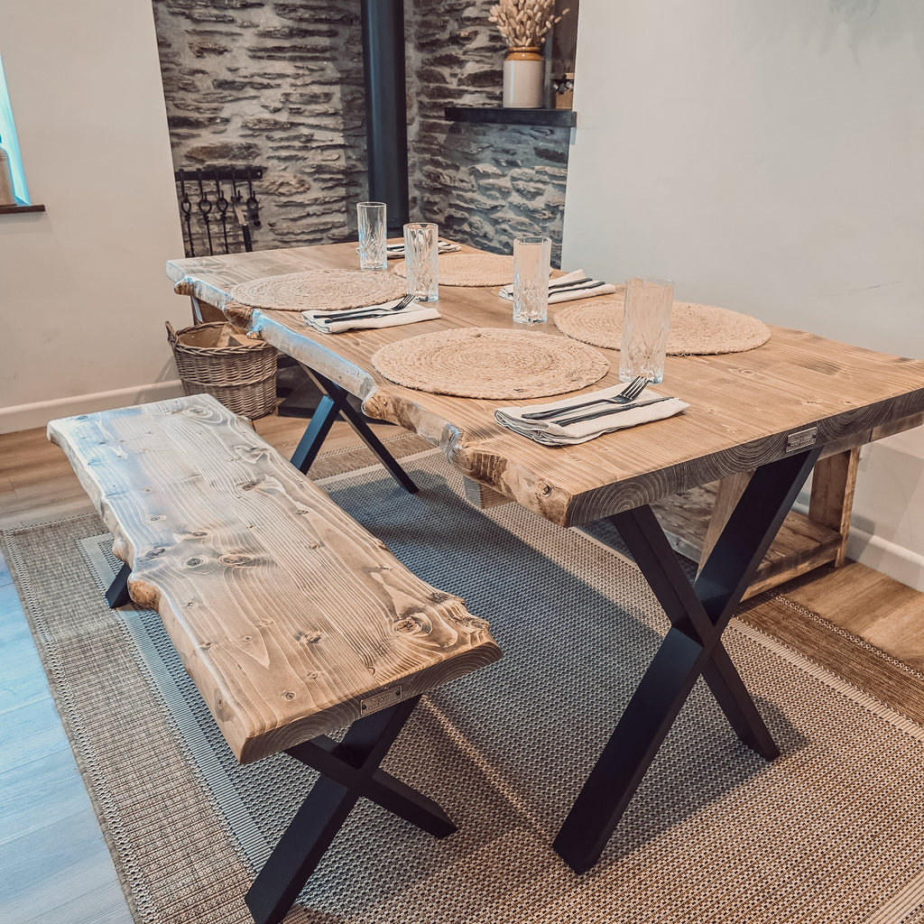 Bench For Dining Table Live / Waney Edge With Metal X Legs