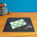 Handmade Glass Tray – Chequered Fused Glass Trinket Dish by David Perry Glass & Ceramics (15x8cm-chequered-white-colour-medium-tray-bullseye-collection)