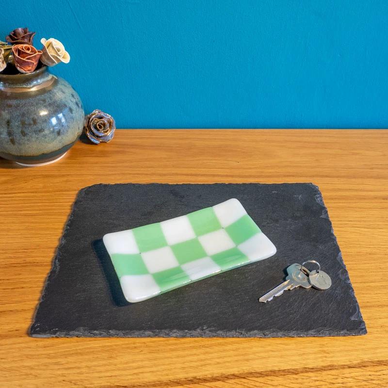 Handmade Glass Tray – Chequered Fused Glass Trinket Dish by David Perry Glass & Ceramics (15x8cm-chequered-white-colour-medium-tray-bullseye-collection)