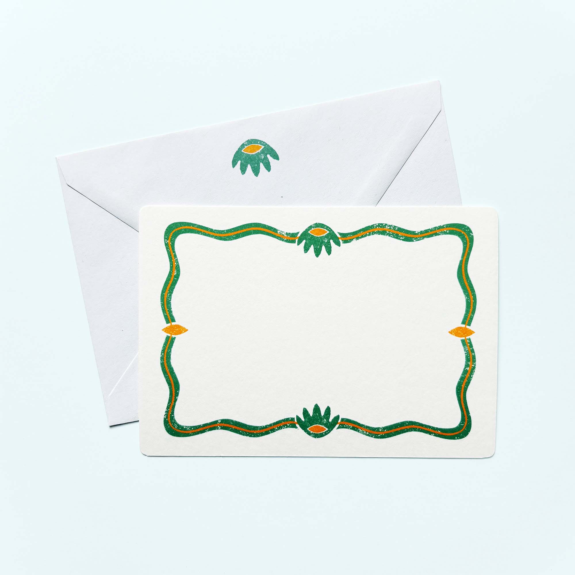 Set of 12 Note Cards And Envelopes - Stamped in Green