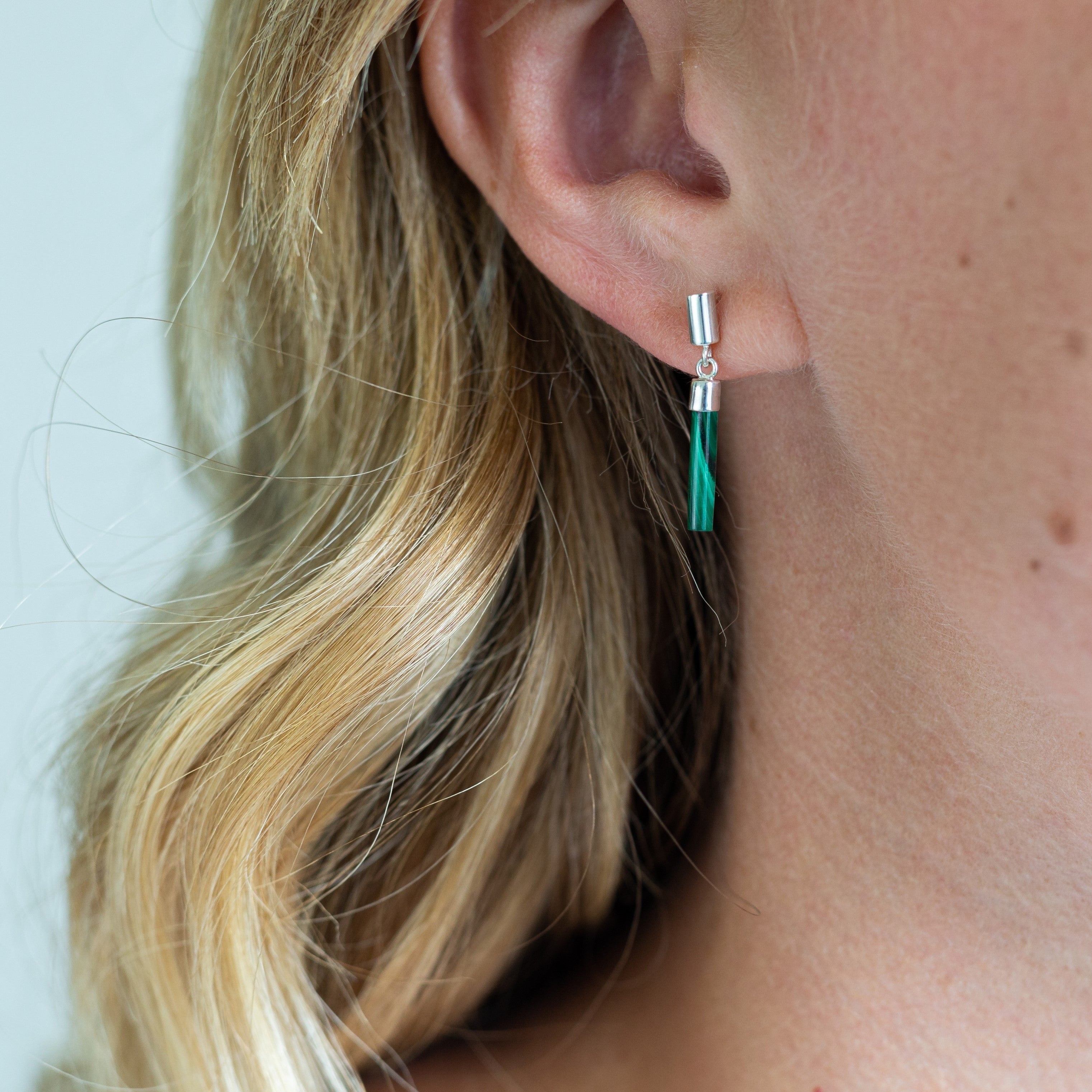 Malachite Drop Bar Gold Stud Earrings