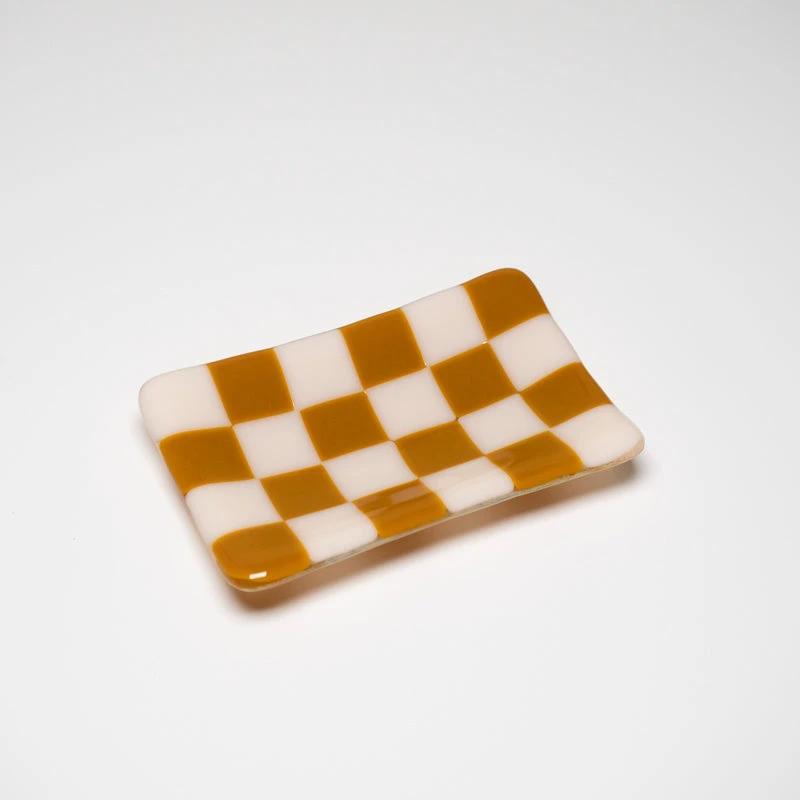 Handmade Glass Tray – Chequered Fused Glass Trinket Dish by David Perry Glass & Ceramics (12x7cm-chequered-dual-coloured-small-tray-bullseye-collection)