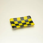 Handmade Glass Tray – Chequered Fused Glass Trinket Dish by David Perry Glass & Ceramics (12x7cm-chequered-dual-coloured-small-tray-bullseye-collection)