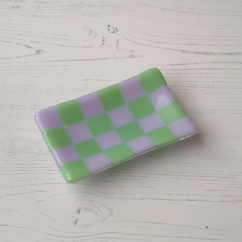 Handmade Glass Tray – Chequered Fused Glass Trinket Dish by David Perry Glass & Ceramics (12x7cm-chequered-dual-coloured-small-tray-bullseye-collection)