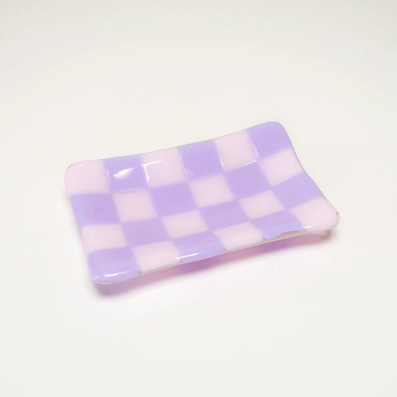 Handmade Glass Tray – Chequered Fused Glass Trinket Dish by David Perry Glass & Ceramics (12x7cm-chequered-dual-coloured-small-tray-bullseye-collection)
