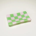 Handmade Glass Tray – Chequered Fused Glass Trinket Dish by David Perry Glass & Ceramics (12x7cm-chequered-dual-coloured-small-tray-bullseye-collection)