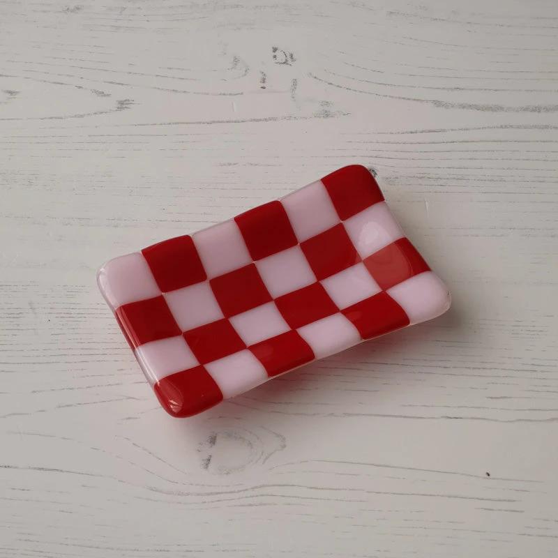 Handmade Glass Tray – Chequered Fused Glass Trinket Dish by David Perry Glass & Ceramics (12x7cm-chequered-dual-coloured-small-tray-bullseye-collection)