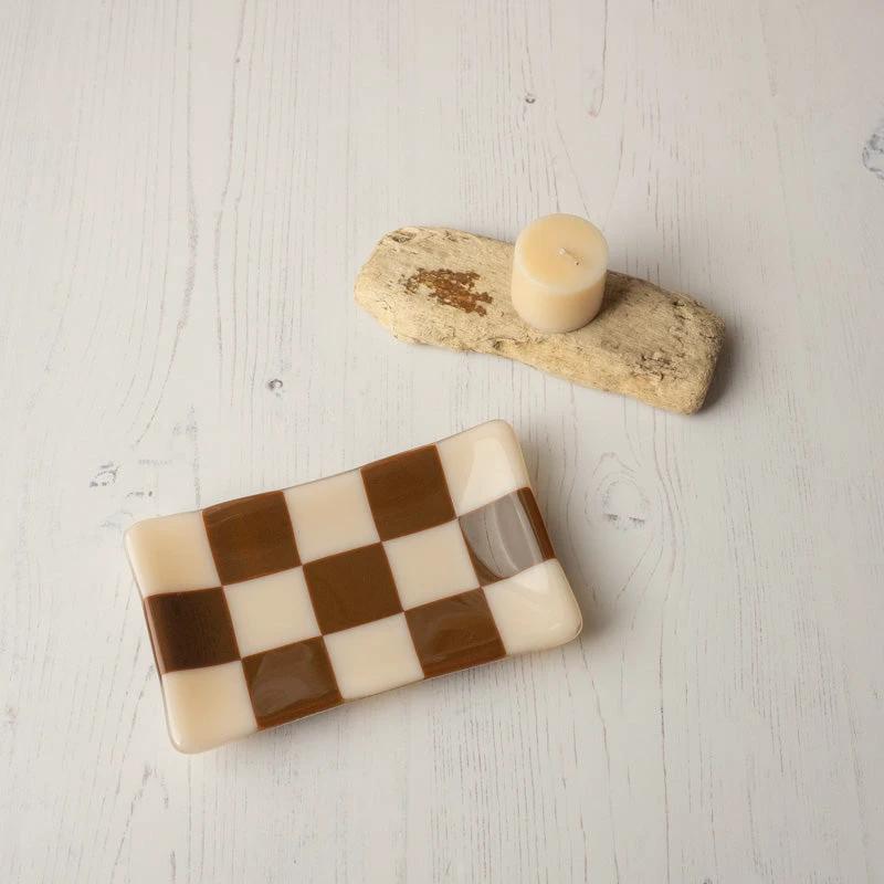 Glass Tray – Handmade Chequered Design for Keys & Jewellery by David Perry Glass & Ceramics (15x8cm-chequered-dual-coloured-medium-tray-bullseye-collection)
