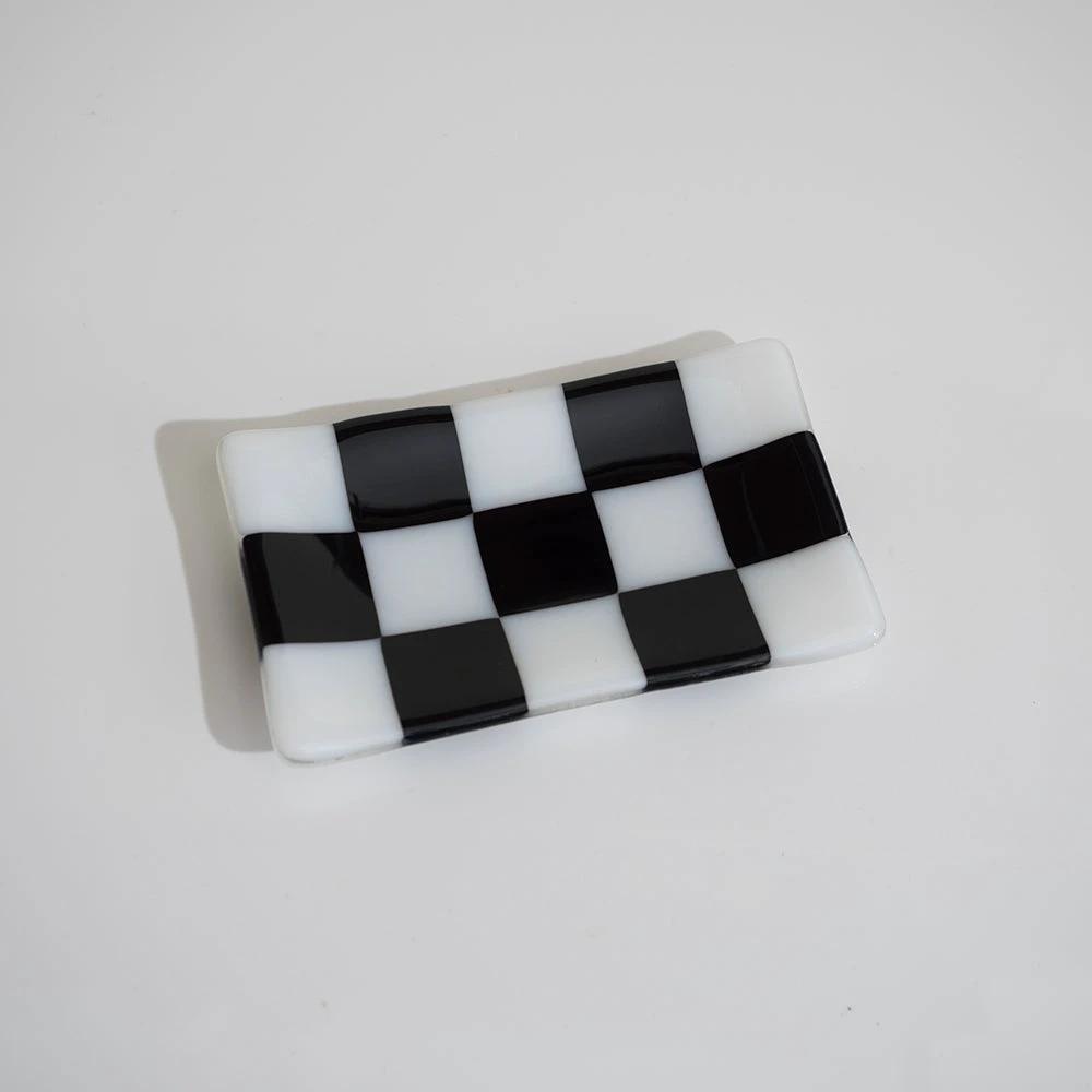Handmade Glass Tray – Chequered Fused Glass Trinket Dish by David Perry Glass & Ceramics (15x8cm-chequered-white-colour-medium-tray-bullseye-collection)