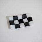 Handmade Glass Tray – Chequered Fused Glass Trinket Dish by David Perry Glass & Ceramics (15x8cm-chequered-white-colour-medium-tray-bullseye-collection)