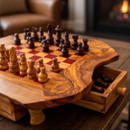 Handcrafted Olive Wood Chess Set with Drawer | Live Edge Red or Black Board