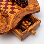 Handcrafted Olive Wood Chess Set with Drawer | Live Edge Red or Black Board