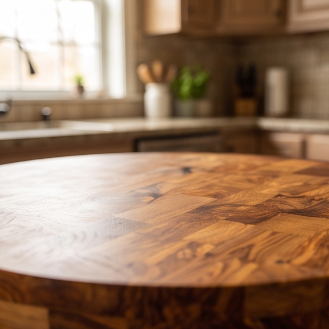 Round Olive Wood Kitchen Island Cart - Luxury Butcher Block Food Prep Station
