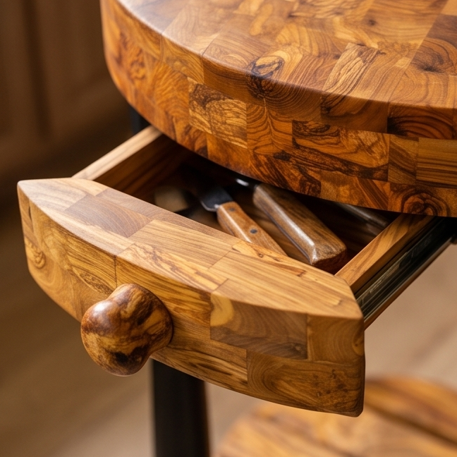 Round Olive Wood Kitchen Island Cart - Luxury Butcher Block Food Prep Station