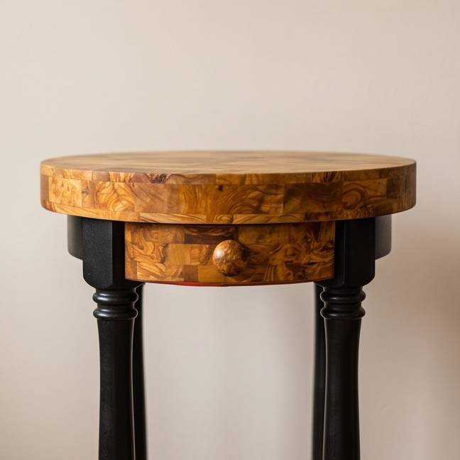 Round Olive Wood Kitchen Island Cart - Luxury Butcher Block Food Prep Station