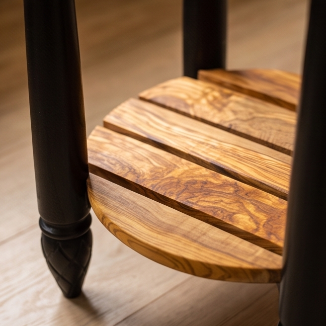 Round Olive Wood Kitchen Island Cart - Luxury Butcher Block Food Prep Station
