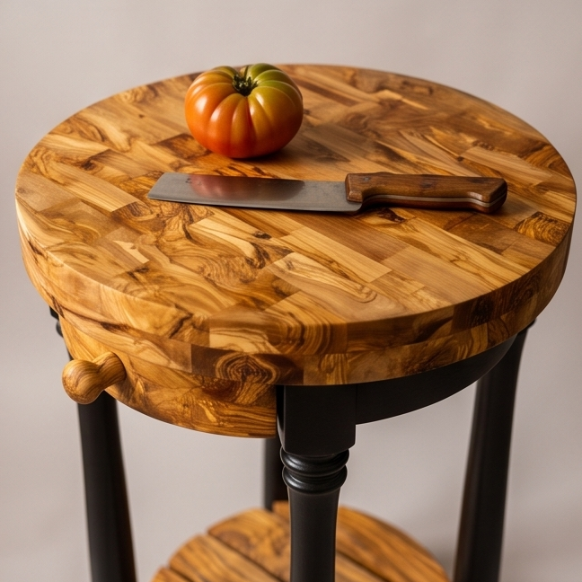 Round Olive Wood Kitchen Island Cart - Luxury Butcher Block Food Prep Station