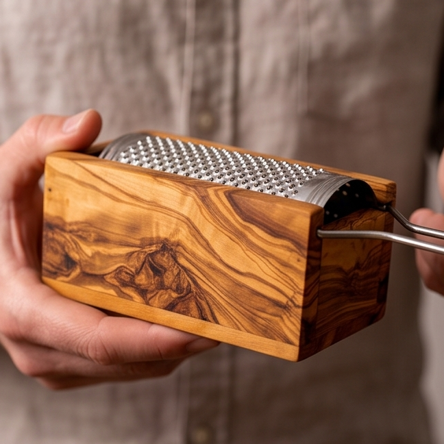 Handcrafted Olive Wood Cheese Grater Box - Manual Parmesan Shredder Catcher
