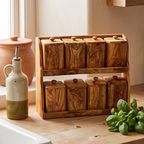 Olive Wood Spice Rack With 8 Containers And Spoons, Hand Crafted Eco Friendly Tea Coffee Sugar Boxes With Lids