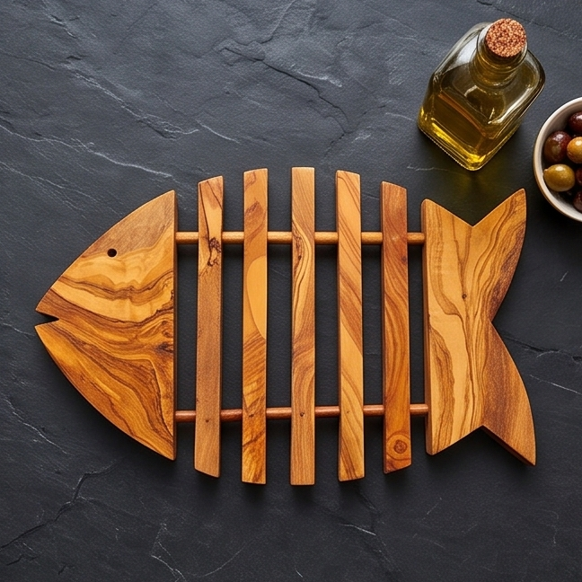 Handcrafted Fish Shaped Olive Wood Trivet (26x19 cm) | Hot Pad