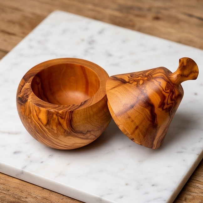 Handcrafted Pear Shaped Olive Wood Sugar Bowl & Spice Jar (12 cm)