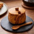 Handcrafted Olive Wood Sugar Bowl with Lid and Spoon Set | 10 cm