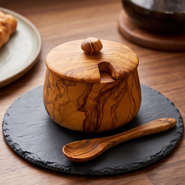Handcrafted Olive Wood Sugar Bowl with Lid and Spoon Set | 10 cm