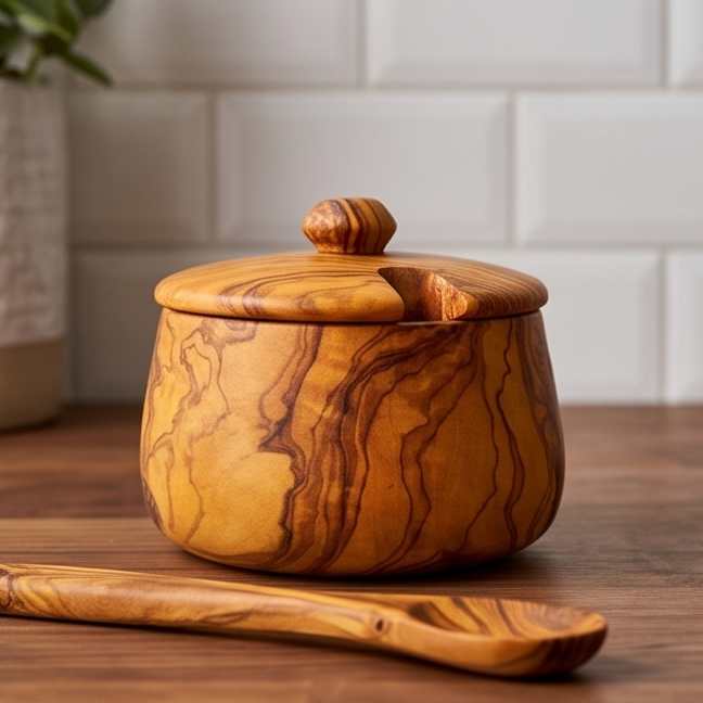 Handcrafted Olive Wood Sugar Bowl with Lid and Spoon Set | 10 cm