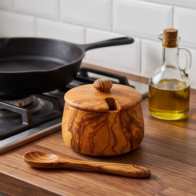 Handcrafted Olive Wood Sugar Bowl with Lid and Spoon Set | 10 cm