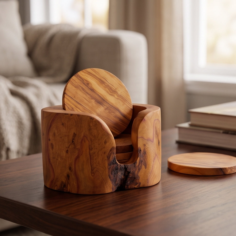 Olive Wood Coaster Set with Holder | Rustic Drink Coasters Coffee Table Mats