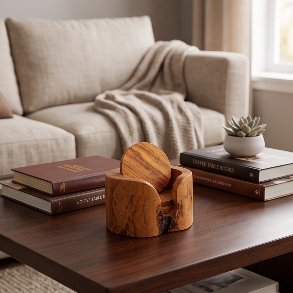 Olive Wood Coaster Set with Holder | Rustic Drink Coasters Coffee Table Mats