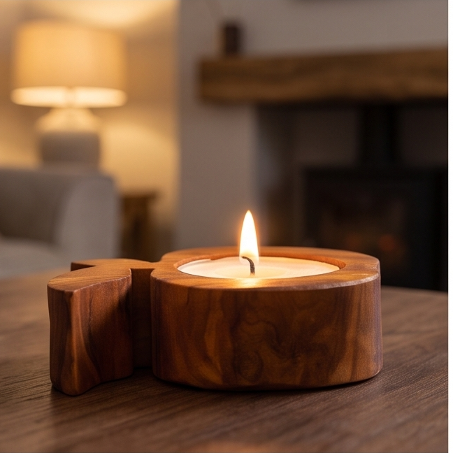 Olive Wood Apple Shaped Candle Holder