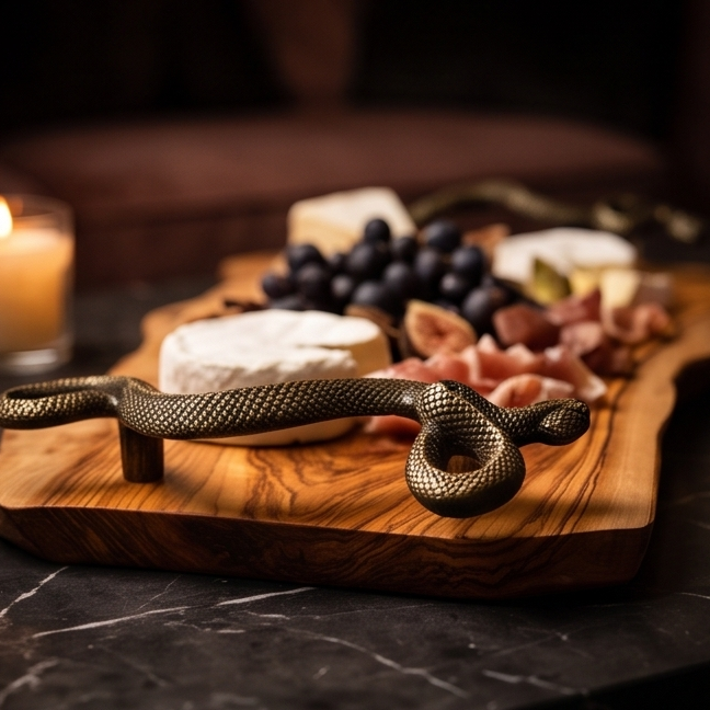 hand made olive wood tray with Snake shaped handle