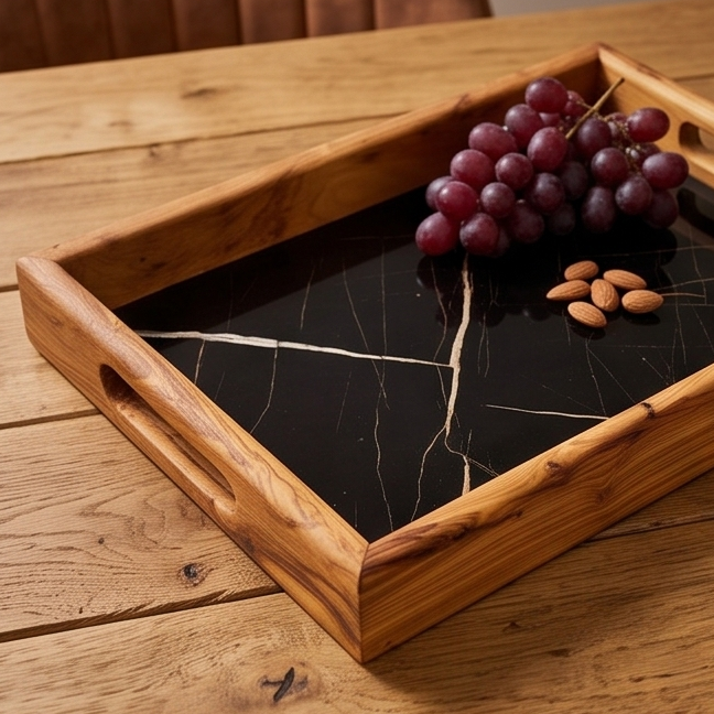 Olive Wood Rectangular Olive Wood Marble effect Tray with Handle