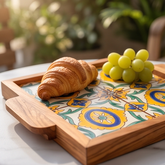 Olive Wood Square Olive Wood Ceramic Tray with Handle 20cm * 20cm
