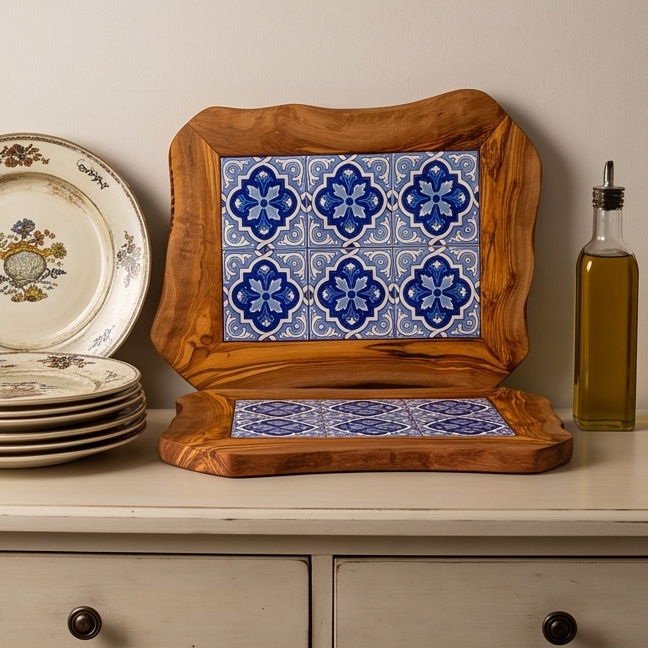 Rustic Olive Wood Ceramic Tray | Various Colours