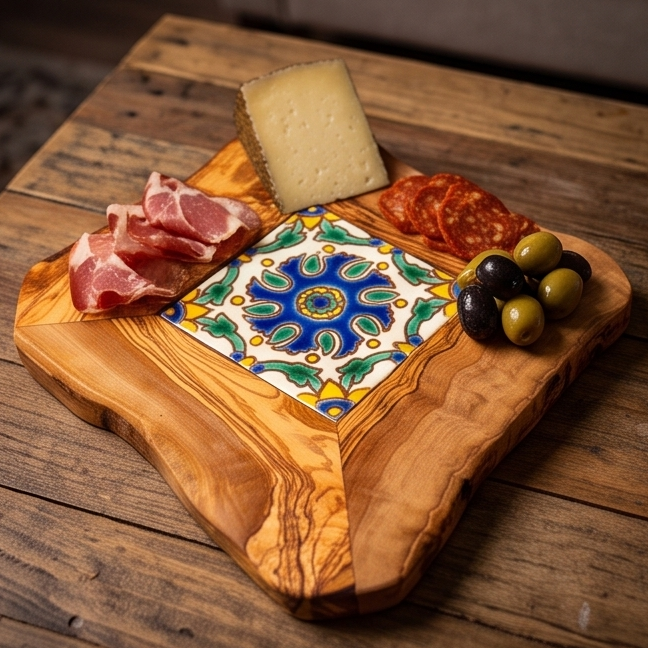 Small Rustic Olive Wood Ceramic Restaurant Serving Tray