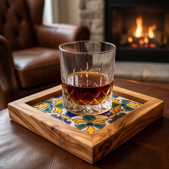 Square Olive Wood Ceramic Tray
