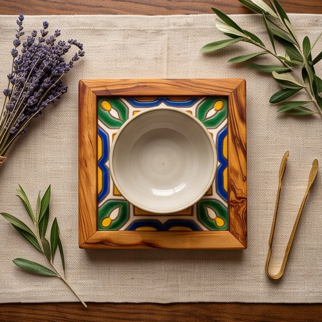 Square Olive Wood Ceramic Tray