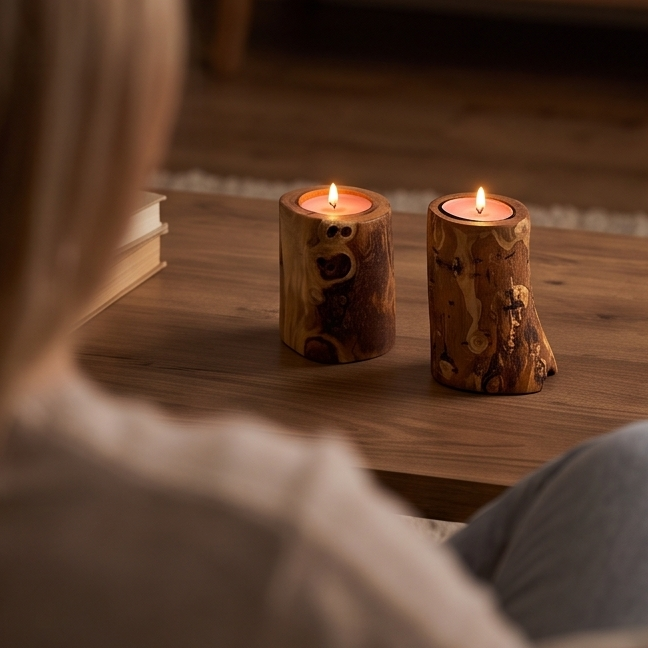 Handcrafted Rustic Olive Wood Log Candle Holder (8cm, 10cm & 12cm) – Rustic Tealight Pillar