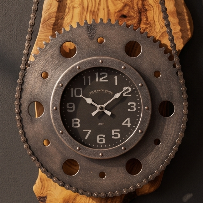 Industrial Gear & Chain Olive Wood Wall Clock | Luxury Steampunk Sprocket Statement Decor