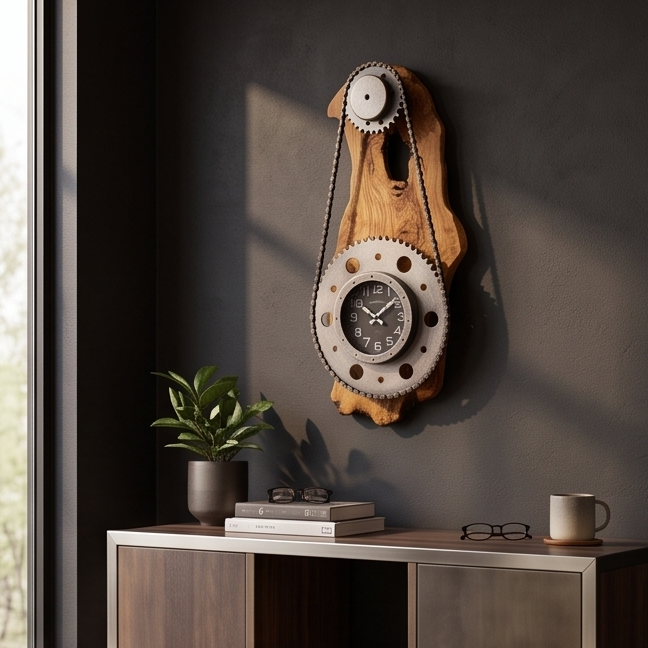 Industrial Gear & Chain Olive Wood Wall Clock | Luxury Steampunk Sprocket Statement Decor