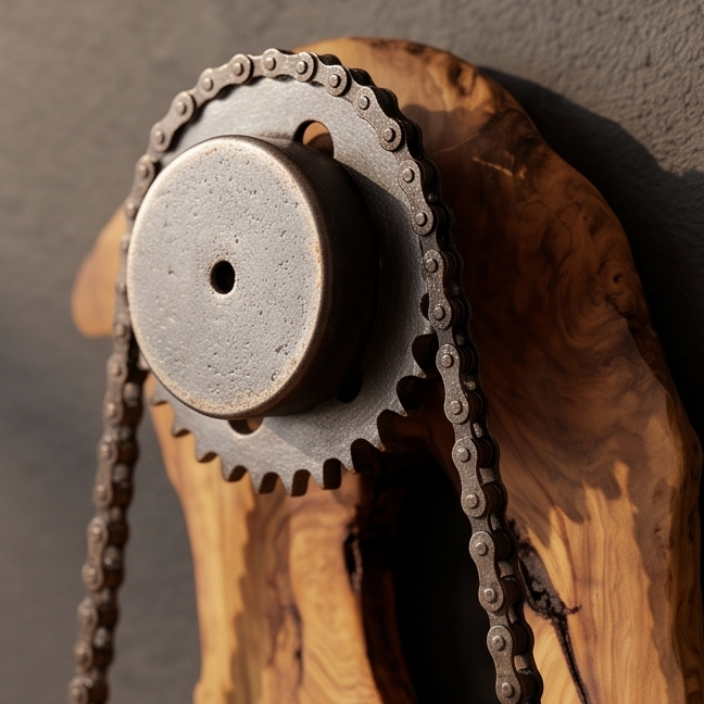 Industrial Gear & Chain Olive Wood Wall Clock | Luxury Steampunk Sprocket Statement Decor