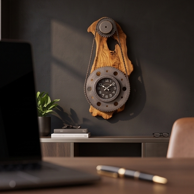 Industrial Gear & Chain Olive Wood Wall Clock | Luxury Steampunk Sprocket Statement Decor
